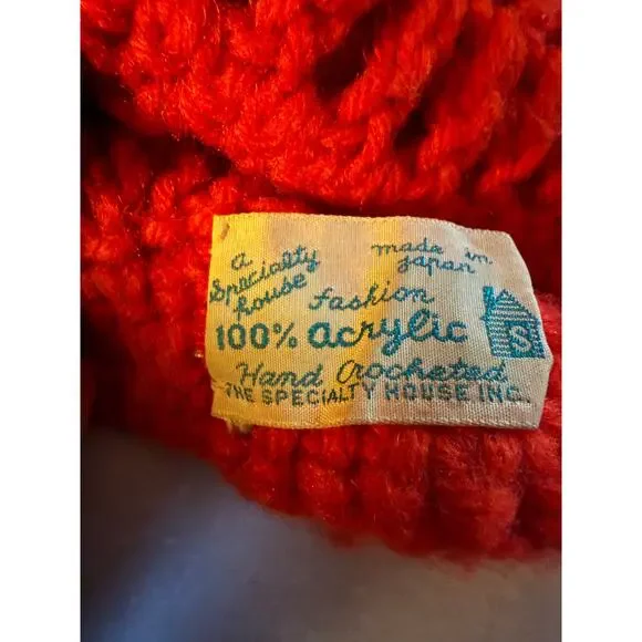 Vintage Deep Orange 100% Acrylic Made in Japan Knit Beanie Puff Top One Size - Picture 3 of 5